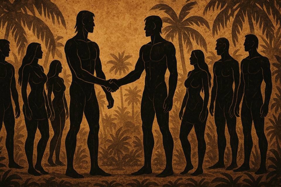 Silhouettes d'une tribu scellant un pacte d'une poignée de main parmi les palmiers