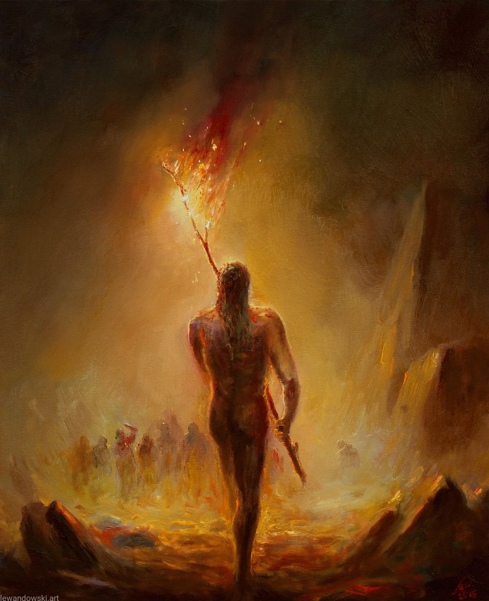 Peinture d'un porteur de flambeau s'éloignant d'une foule de silhouettes d'ombre vers une flamme qui s'élève